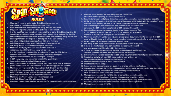 Club Binion's SPINSPLOSION Daily Tournament Details